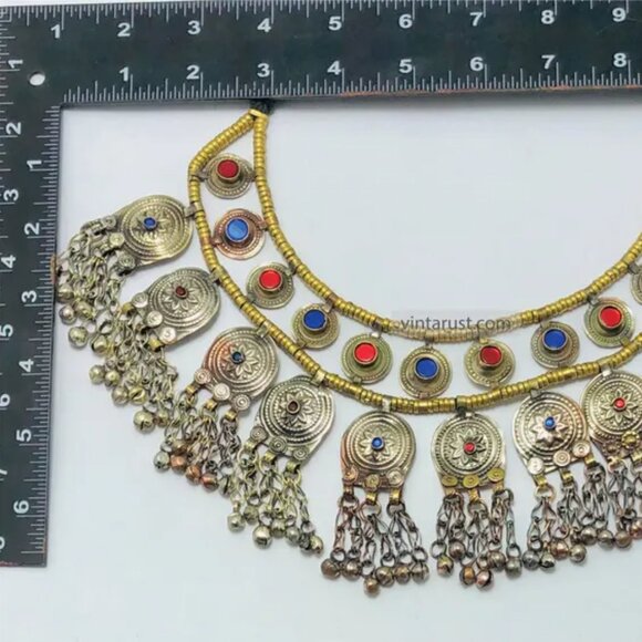 Gypsy Statement Necklace, Handmade Multi Layer Afghan Choker with Bells - Picture 8 of 10